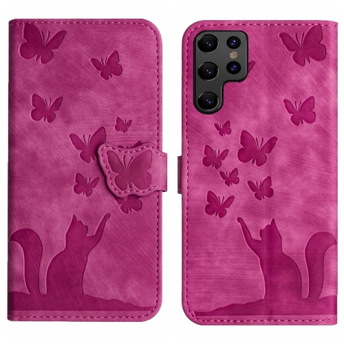 

For Samsung Galaxy S22 Ultra 5G Butterfly Cat Embossing Flip Leather Phone Case(Pink)