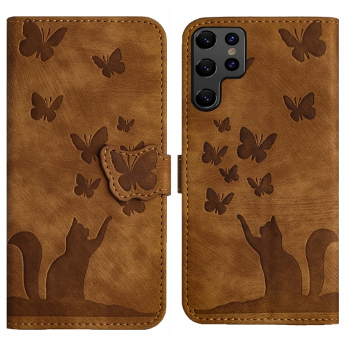 

For Samsung Galaxy S22 Ultra 5G Butterfly Cat Embossing Flip Leather Phone Case(Brown)