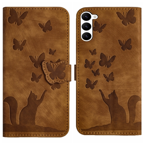 

For Samsung Galaxy S23 5G Butterfly Cat Embossing Flip Leather Phone Case(Brown)