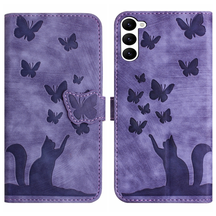 

For Samsung Galaxy S23+ 5G Butterfly Cat Embossing Flip Leather Phone Case(Purple)