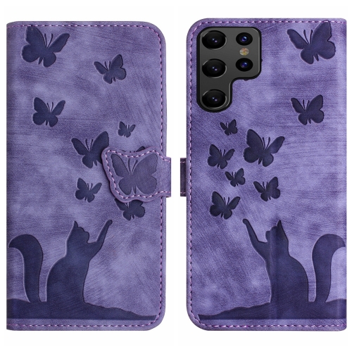 

For Samsung Galaxy S23 Ultra 5G Butterfly Cat Embossing Flip Leather Phone Case(Purple)