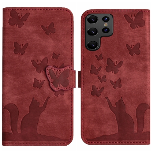 

For Samsung Galaxy S23 Ultra 5G Butterfly Cat Embossing Flip Leather Phone Case(Red)