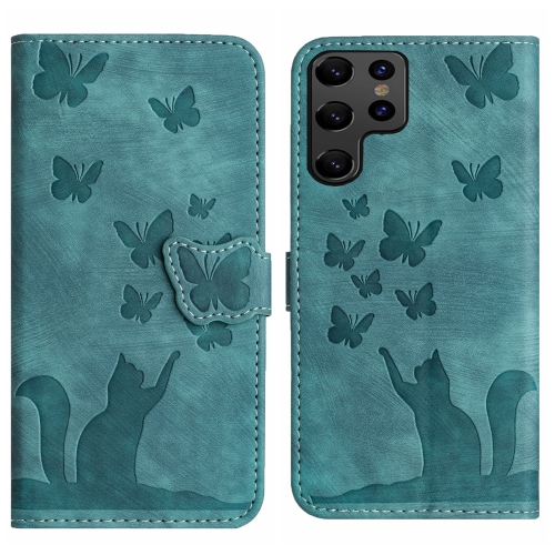 

For Samsung Galaxy S23 Ultra 5G Butterfly Cat Embossing Flip Leather Phone Case(Wathet)