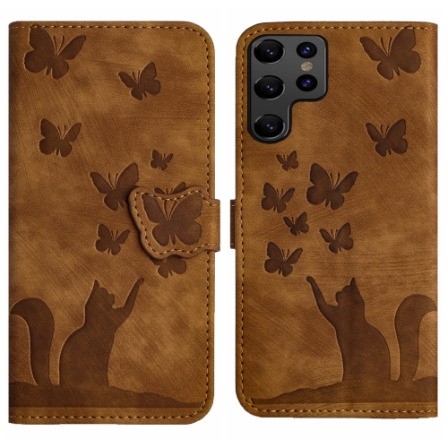 

For Samsung Galaxy S23 Ultra 5G Butterfly Cat Embossing Flip Leather Phone Case(Brown)
