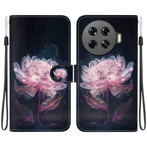 For Tecno Spark 20 Pro+ 4G Crystal Texture Colored Drawing Leather Phone Case(Purple Peony) colored glaze hua nong chun shen series original vintage handmade hanfu hair accessories long tassels bride accessory