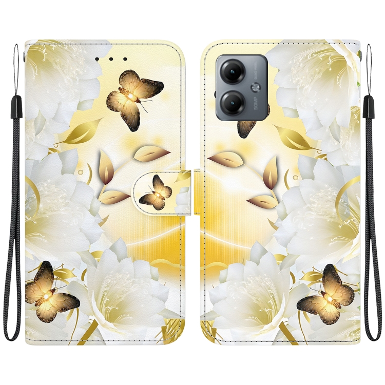 

For Motorola Moto G14 Crystal Texture Colored Drawing Leather Phone Case(Gold Butterfly Epiphyllum)
