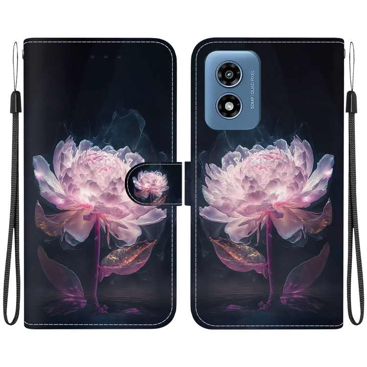 

For Motorola Moto G Play 4G 2024 Crystal Texture Colored Drawing Leather Phone Case(Purple Peony)