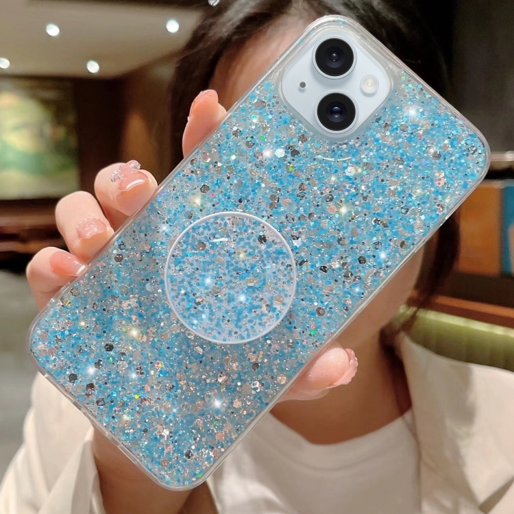 

For iPhone 15 Plus Starry Sequin Round Stand Epoxy TPU Phone Case(Blue)