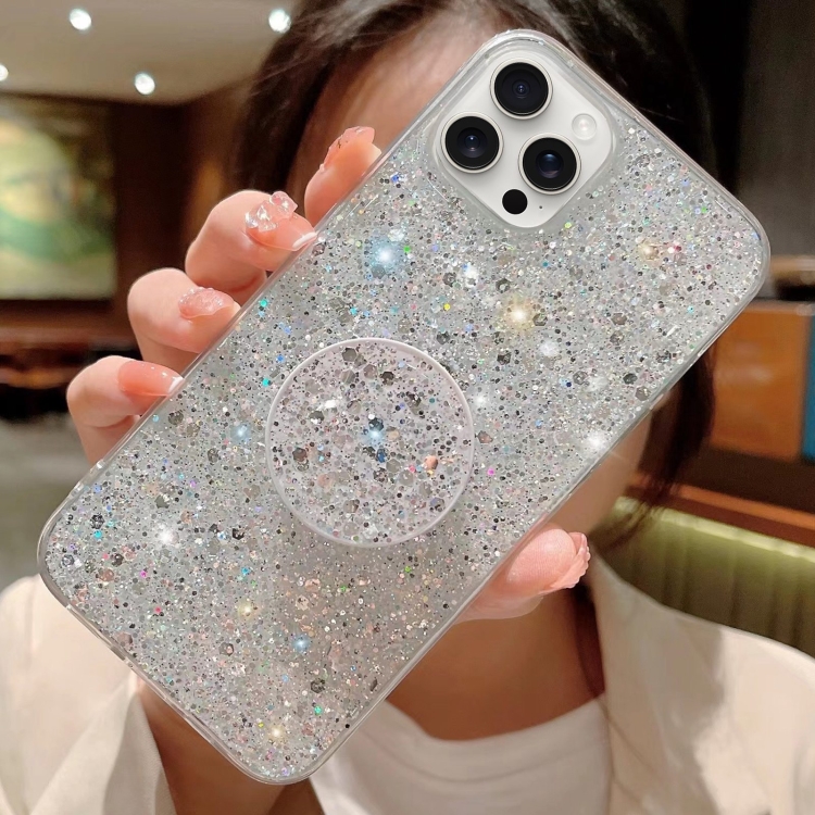 

For iPhone 14 Pro Starry Sequin Round Stand Epoxy TPU Phone Case(Silver)