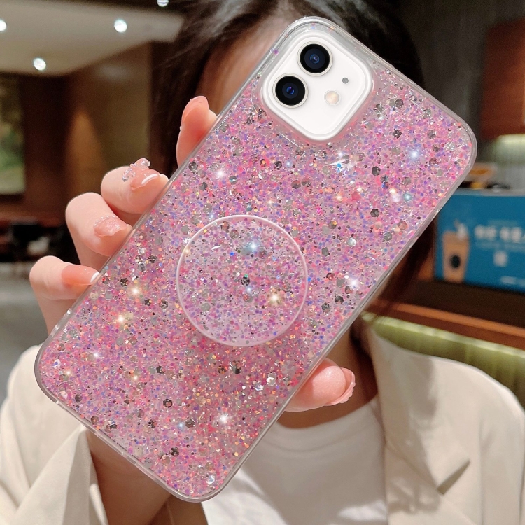 

For iPhone 12 mini Starry Sequin Round Stand Epoxy TPU Phone Case(Pink)