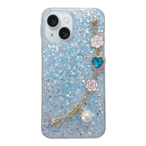 For iPhone 15 Plus Starry Sequin Love Gem Chain Epoxy TPU Phone Case(Blue)