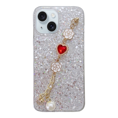 

For iPhone 15 Starry Sequin Love Gem Chain Epoxy TPU Phone Case(Silver)