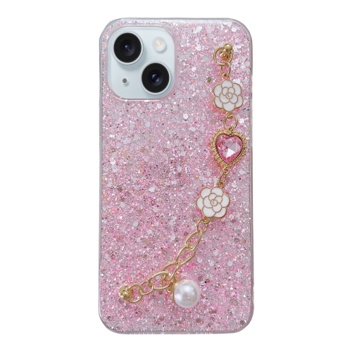 

For iPhone 15 Starry Sequin Love Gem Chain Epoxy TPU Phone Case(Pink)