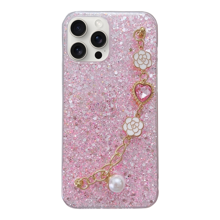 

For iPhone 14 Pro Max Starry Sequin Love Gem Chain Epoxy TPU Phone Case(Pink)