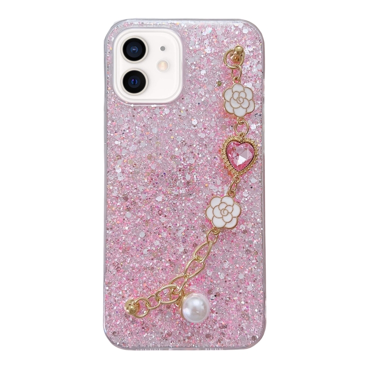 

For iPhone 12 Starry Sequin Love Gem Chain Epoxy TPU Phone Case(Pink)
