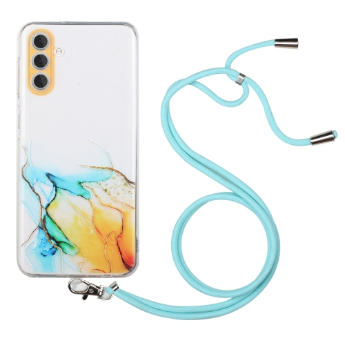 

For Samsung Galaxy S24 5G Hollow Marble Pattern TPU Shockproof Phone Case with Rope(Yellow)