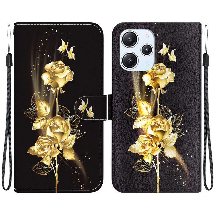 

For Xiaomi Redmi 12 Crystal Texture Colored Drawing Leather Phone Case(Gold Butterfly Rose)
