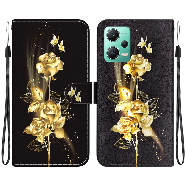 

For Xiaomi Redmi Note 12 5G Crystal Texture Colored Drawing Leather Phone Case(Gold Butterfly Rose)