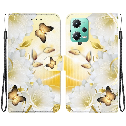 

For Xiaomi Redmi Note 12 5G Crystal Texture Colored Drawing Leather Phone Case(Gold Butterfly Epiphyllum)