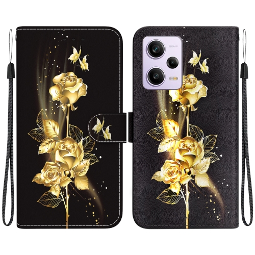 

For Xiaomi Redmi Note 12 Pro Crystal Texture Colored Drawing Leather Phone Case(Gold Butterfly Rose)