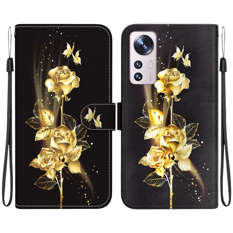 

For Xiaomi 12 Pro Crystal Texture Colored Drawing Leather Phone Case(Gold Butterfly Rose)