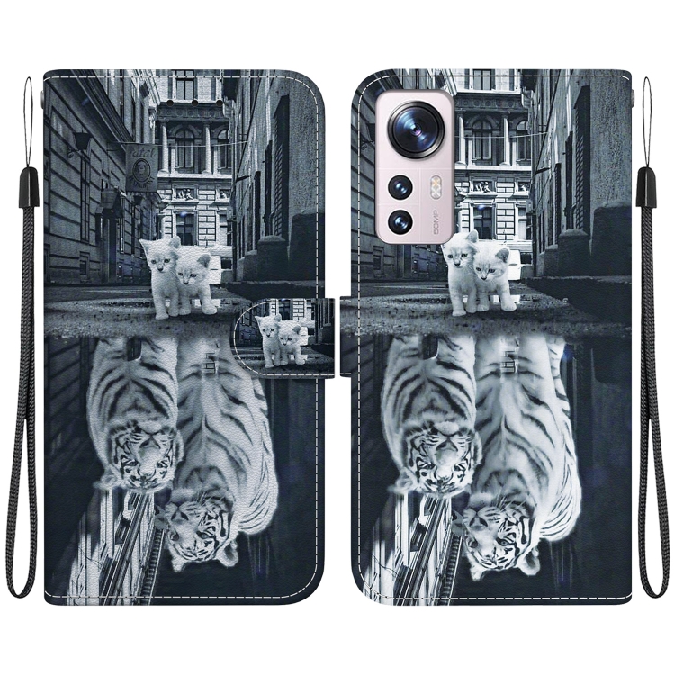 

For Xiaomi 12 Pro Crystal Texture Colored Drawing Leather Phone Case(Cat Tiger Reflection)