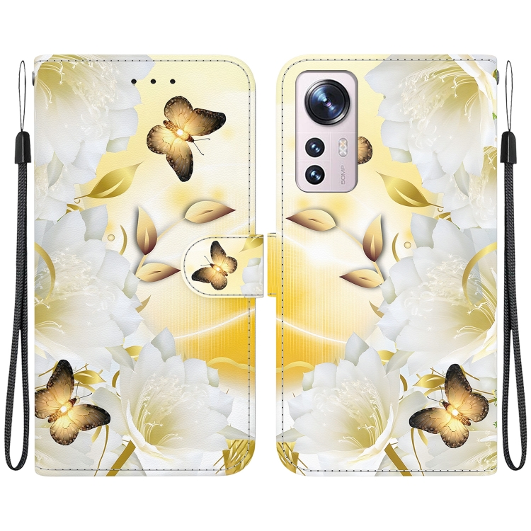 

For Xiaomi 12 Pro Crystal Texture Colored Drawing Leather Phone Case(Gold Butterfly Epiphyllum)