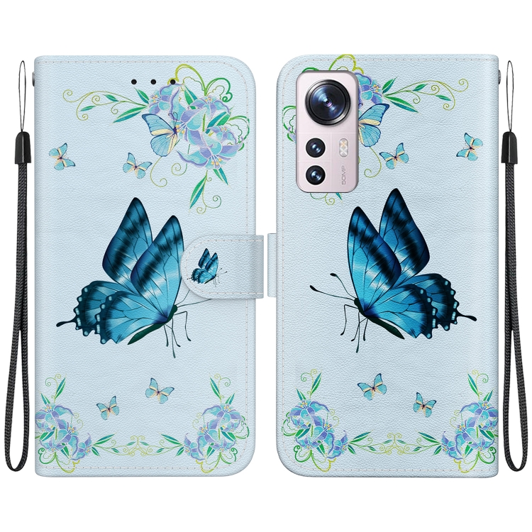

For Xiaomi 12 Pro Crystal Texture Colored Drawing Leather Phone Case(Blue Pansies)