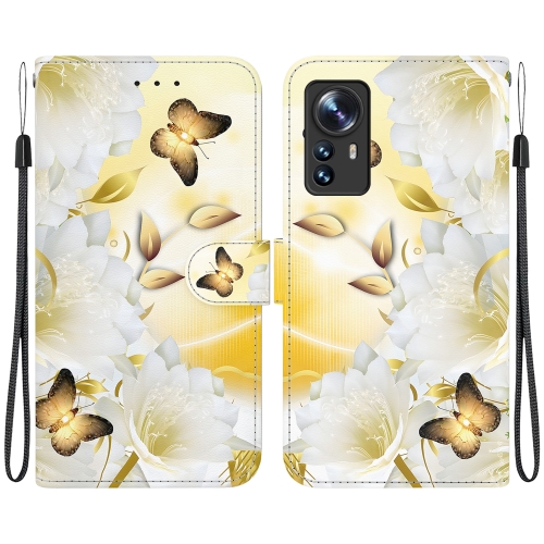 

For Xiaomi 12 / 12X Crystal Texture Colored Drawing Leather Phone Case(Gold Butterfly Epiphyllum)