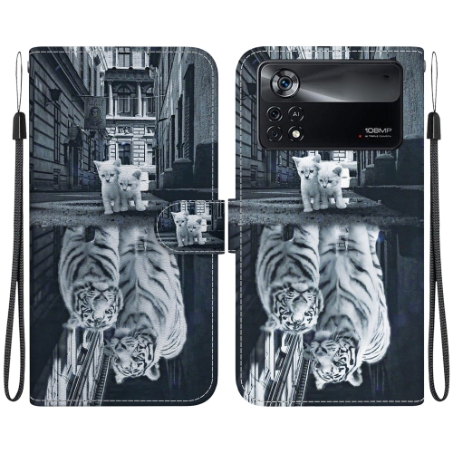 

For Xiaomi Poco X4 Pro 5G Crystal Texture Colored Drawing Leather Phone Case(Cat Tiger Reflection)