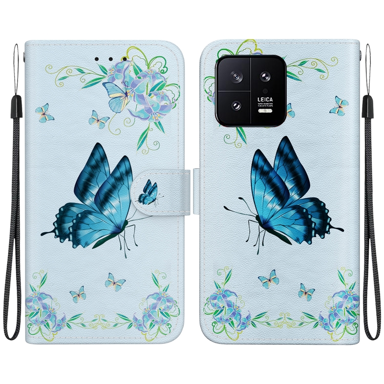 

For Xiaomi 13 5G Crystal Texture Colored Drawing Leather Phone Case(Blue Pansies)
