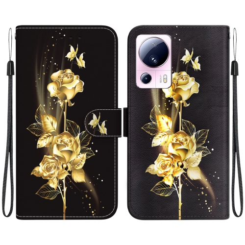 

For Xiaomi 13 Lite / Civi 2 Crystal Texture Colored Drawing Leather Phone Case(Gold Butterfly Rose)