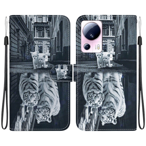 

For Xiaomi 13 Lite / Civi 2 Crystal Texture Colored Drawing Leather Phone Case(Cat Tiger Reflection)