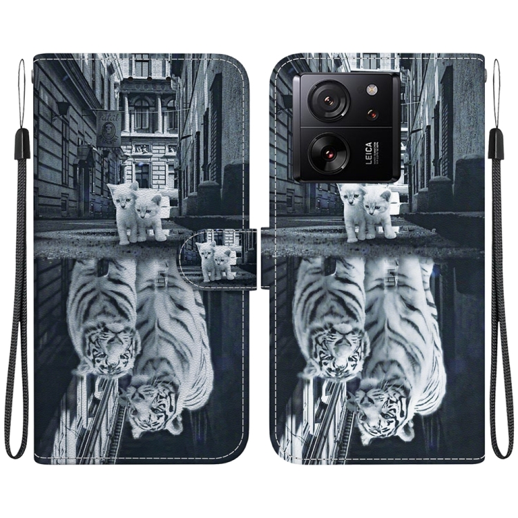 

For Xiaomi 13T / 13T Pro / Redmi K60 Ultra Crystal Texture Colored Drawing Leather Phone Case(Cat Tiger Reflection)
