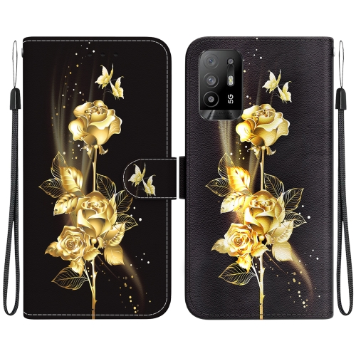 

For OPPO A94 5G / F19 Pro+ Crystal Texture Colored Drawing Leather Phone Case(Gold Butterfly Rose)