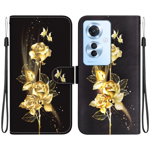 

For OPPO Reno11 F Global Crystal Texture Colored Drawing Leather Phone Case(Gold Butterfly Rose)