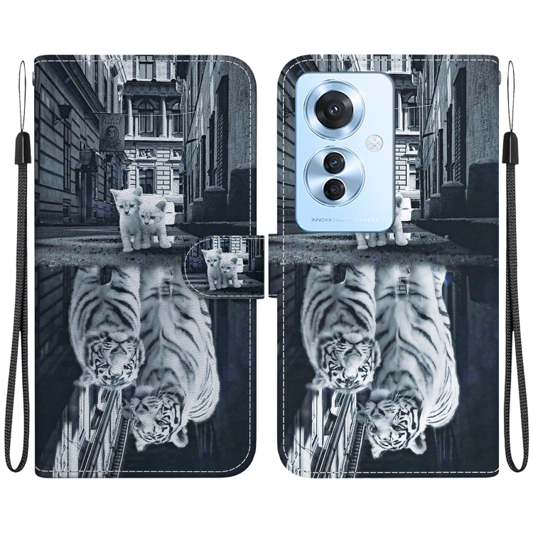 

For OPPO Reno11 F Global Crystal Texture Colored Drawing Leather Phone Case(Cat Tiger Reflection)