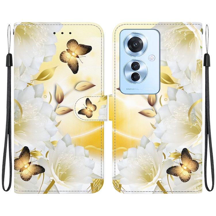 

For OPPO Reno11 F Global Crystal Texture Colored Drawing Leather Phone Case(Gold Butterfly Epiphyllum)