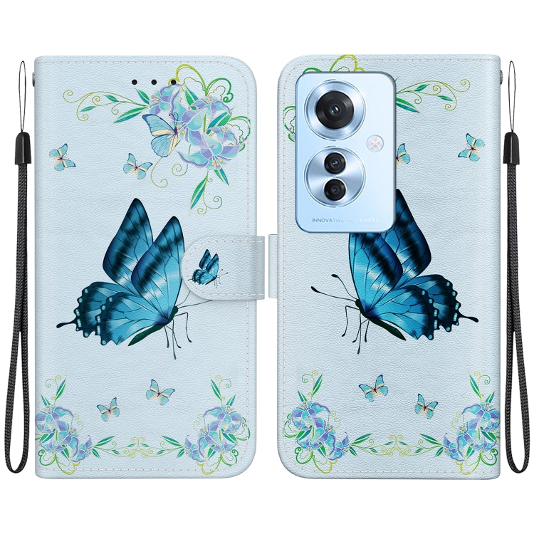 

For OPPO Reno11 F Global Crystal Texture Colored Drawing Leather Phone Case(Blue Pansies)