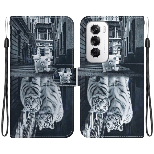 

For OPPO Reno12 5G Global Crystal Texture Colored Drawing Leather Phone Case(Cat Tiger Reflection)