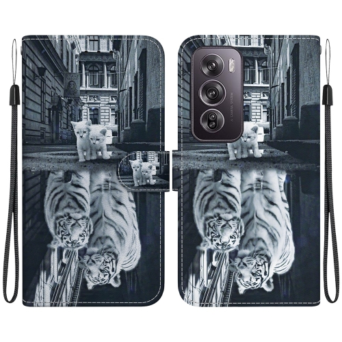 

For OPPO Reno12 Pro 5G Global Crystal Texture Colored Drawing Leather Phone Case(Cat Tiger Reflection)