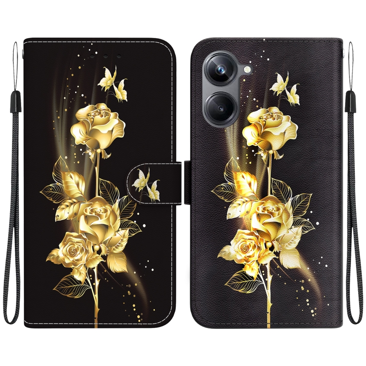 

For Realme 10 Pro 5G Crystal Texture Colored Drawing Leather Phone Case(Gold Butterfly Rose)