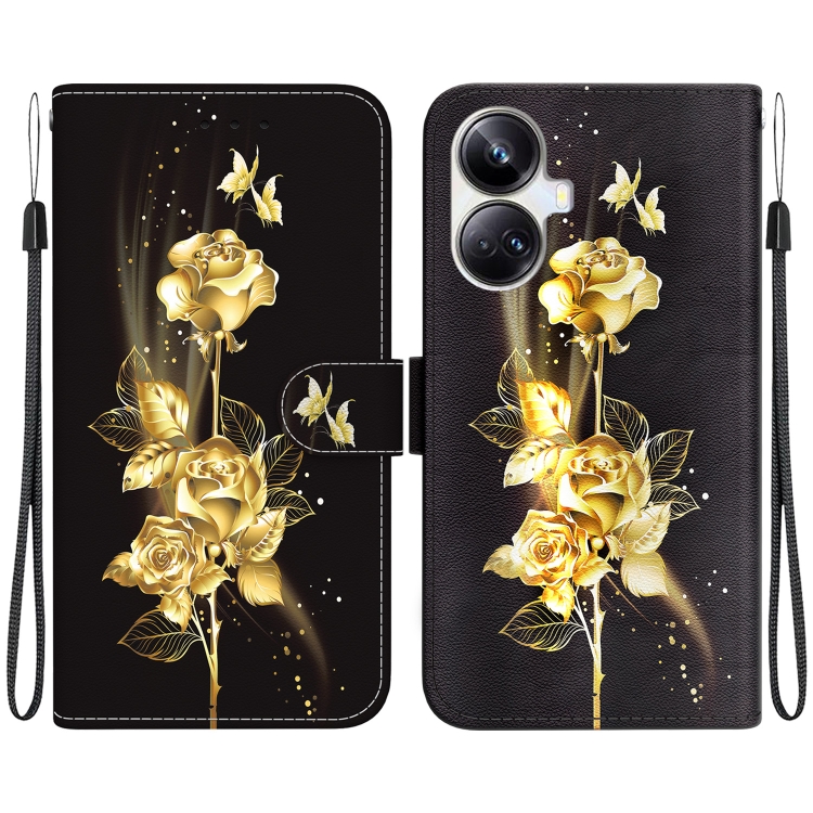 

For Realme 10 Pro+ Crystal Texture Colored Drawing Leather Phone Case(Gold Butterfly Rose)