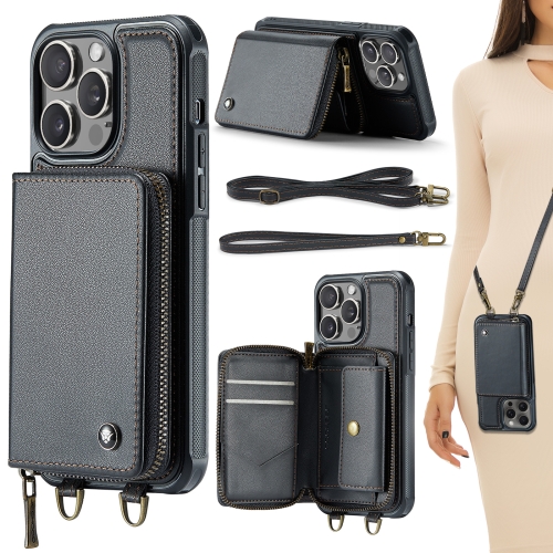 

For iPhone 15 Pro JEEHOOD C22 Series Zipper Wallet Leather Phone Case with Dual Lanyard(Black)