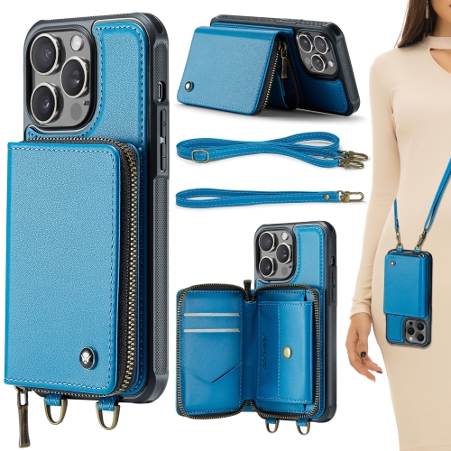 

For iPhone 15 Pro JEEHOOD C22 Series Zipper Wallet Leather Phone Case with Dual Lanyard(Blue)