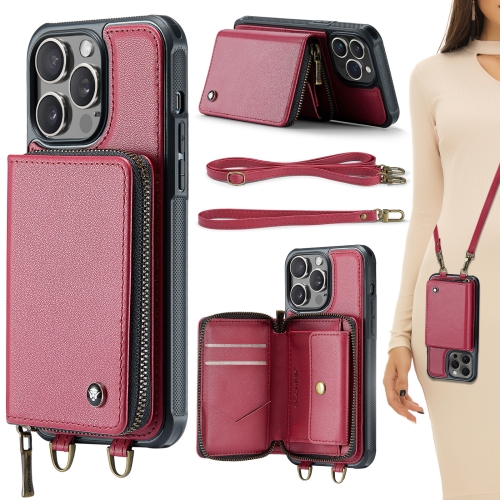 

For iPhone 15 Pro JEEHOOD C22 Series Zipper Wallet Leather Phone Case with Dual Lanyard(Red)