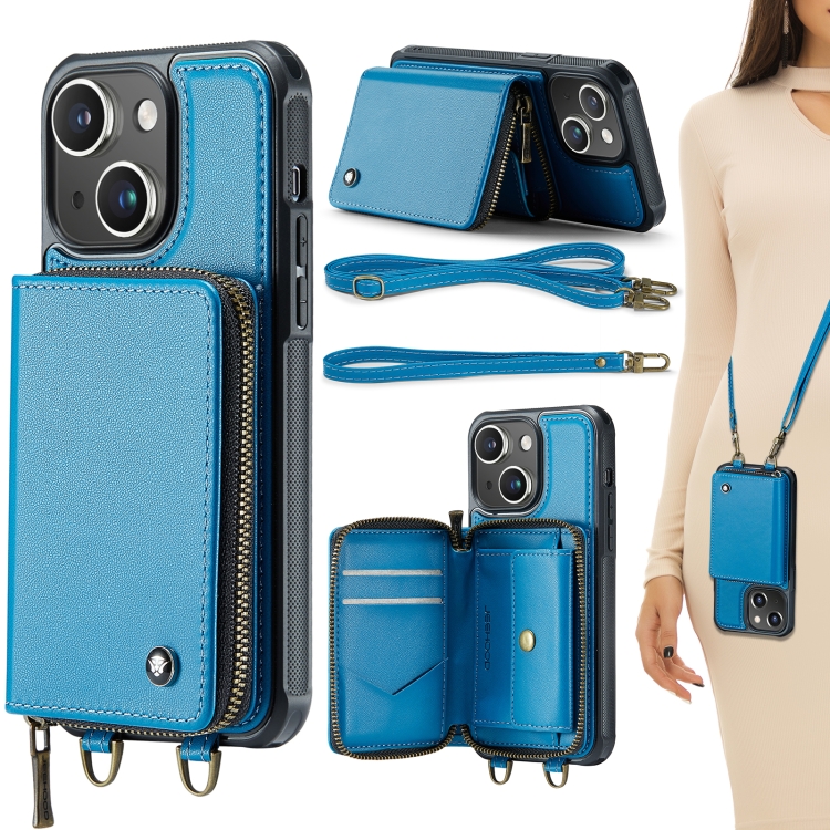 

For iPhone 15 Plus JEEHOOD C22 Series Zipper Wallet Leather Phone Case with Dual Lanyard(Blue)