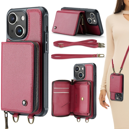 

For iPhone 15 Plus JEEHOOD C22 Series Zipper Wallet Leather Phone Case with Dual Lanyard(Red)