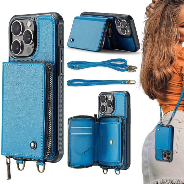 

For iPhone 16 Pro JEEHOOD C22 Series Zipper Wallet Leather Phone Case with Dual Lanyard(Blue)