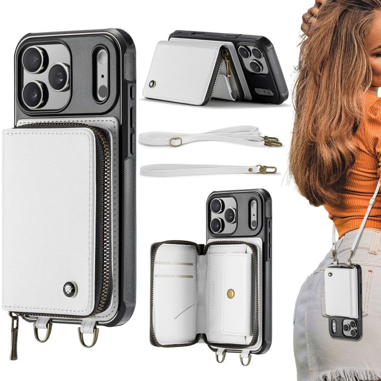 

For iPhone 17 Pro JEEHOOD C22 Series Zipper Wallet Leather Phone Case with Dual Lanyard(White)